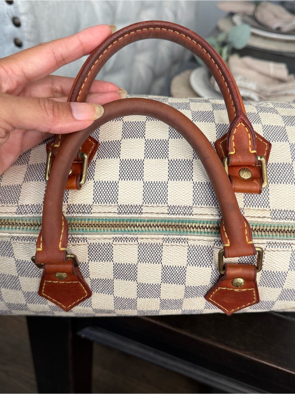 Classic Checkered Travel Bag Speedy 35 in Cream & Gray with Brown Trim - Picture 12 of 15